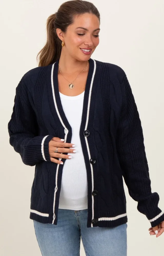 Navy Blue Cable Knit Maternity Sweater Cardigan