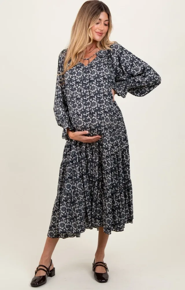 Navy Blue Floral Tie Neckline Tiered Maternity Maxi Dress