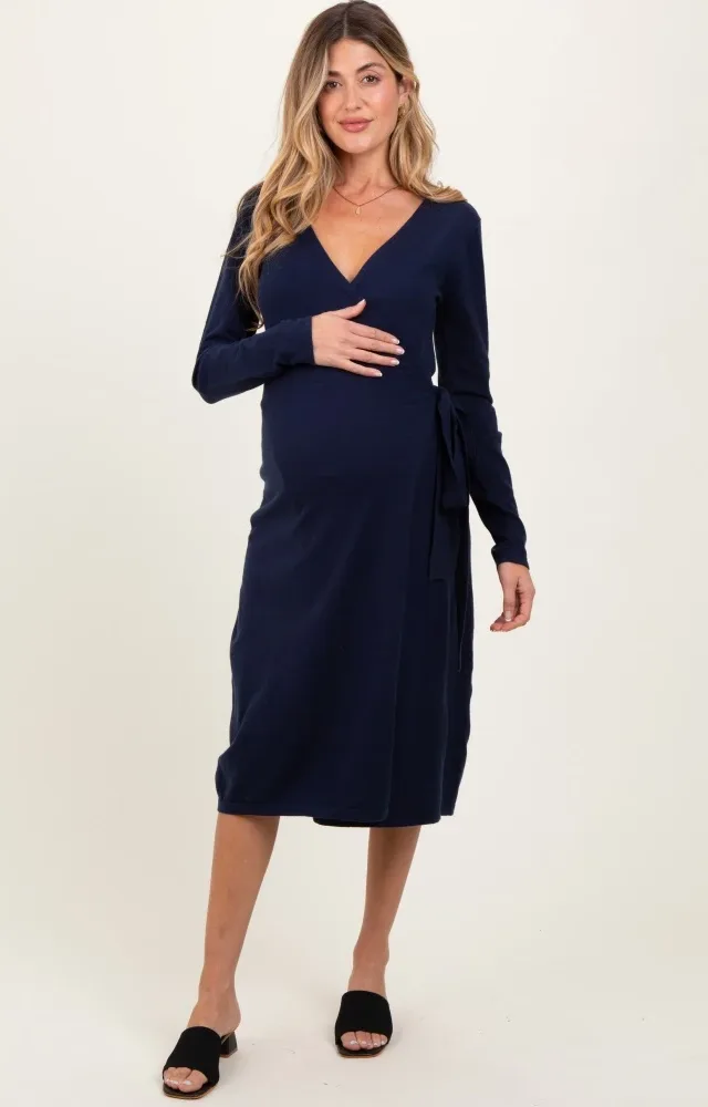 Navy Blue Knit Long Sleeve Wrap Maternity Midi Dress