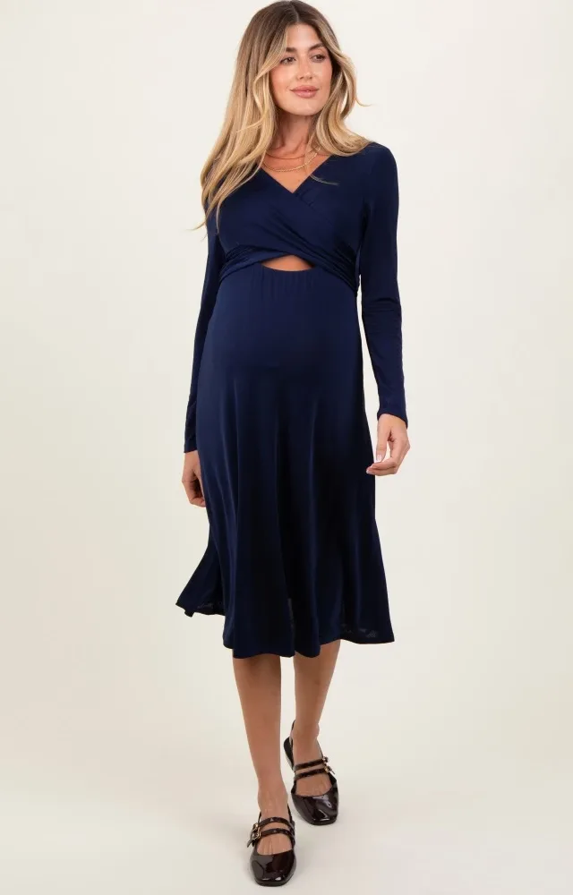 Navy Crossover V-Neckline Long Sleeve Maternity Nursing Dress