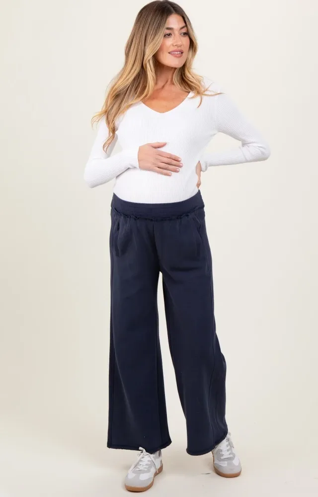 Navy Ribbed Side Panel Wide Leg Maternity Sweatpants