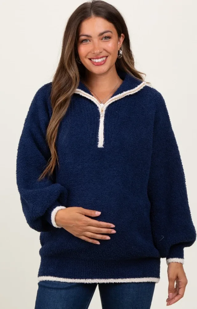 Navy Soft Fuzzy Knit Quarter Zip Maternity Pullover Sweater