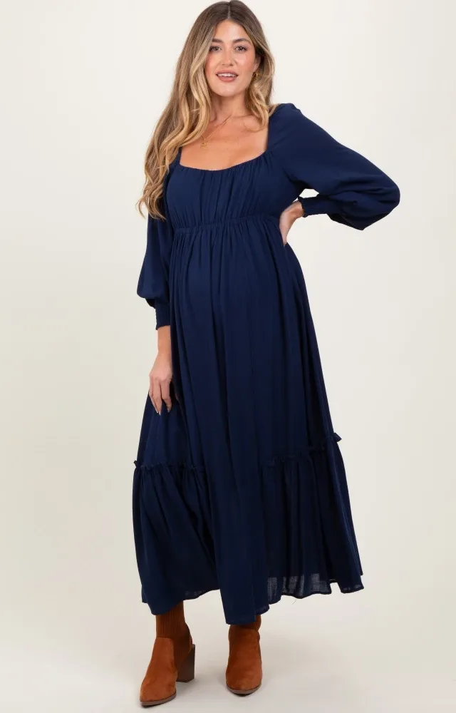 Navy Square Neckline Bubble Sleeve Maternity Maxi Dress