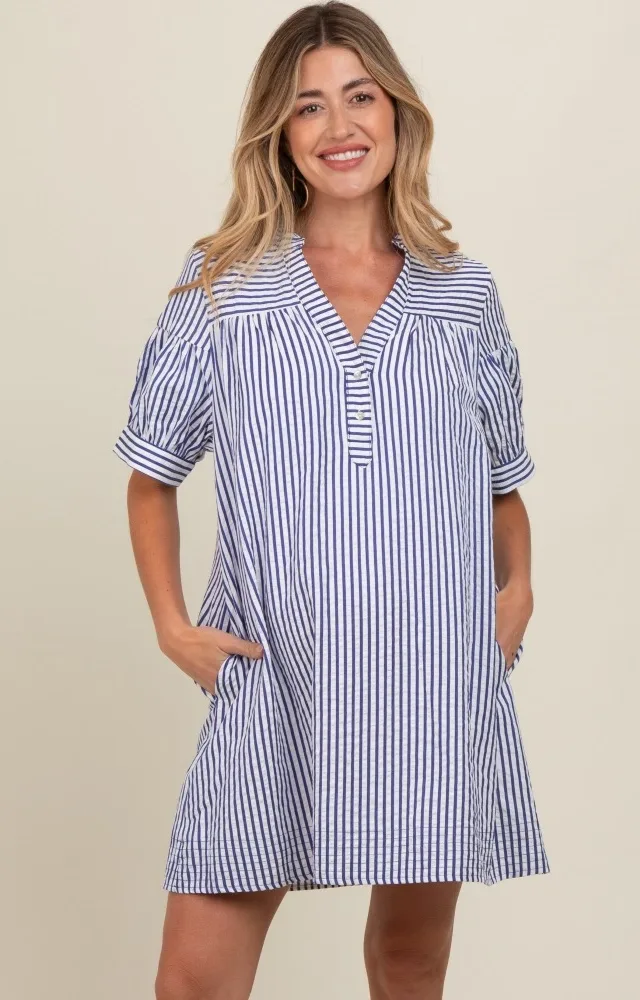 Navy Striped Maternity Shirt Dress