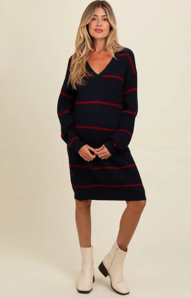 Navy Striped Oversized Maternity Sweater Dress