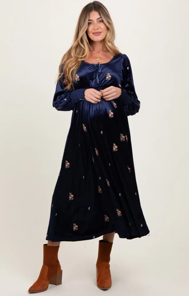 Navy Velvet Embroidered Floral Maternity Midi Dress