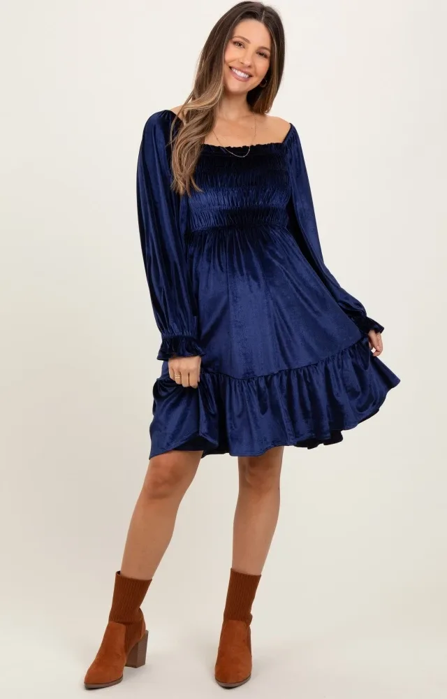 Navy Velvet Smocked Long Sleeve Maternity Dress