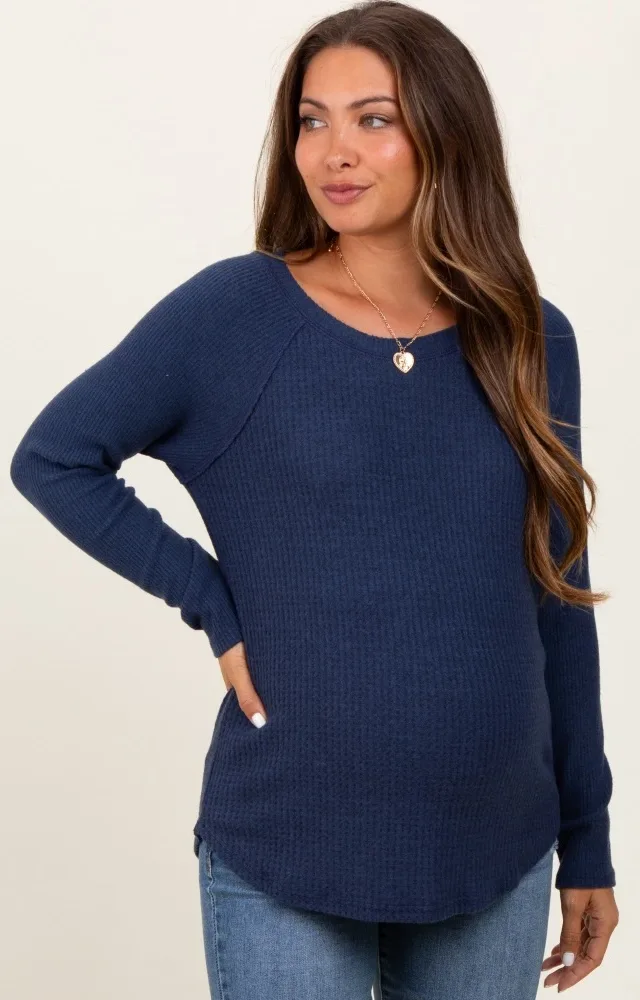 Navy Waffle Knit Raglan Long Sleeve Maternity Top