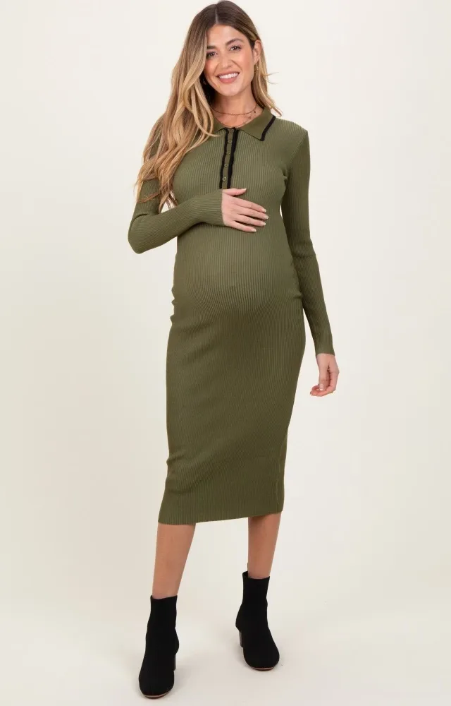 Olive Contrast Trim Ribbed Knit Button Up Maternity Midi Dress