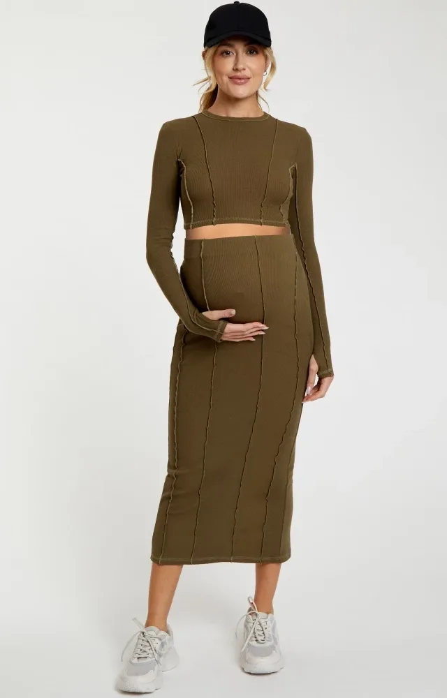 Olive Exposed Seams Top And Skirt Maternity Set