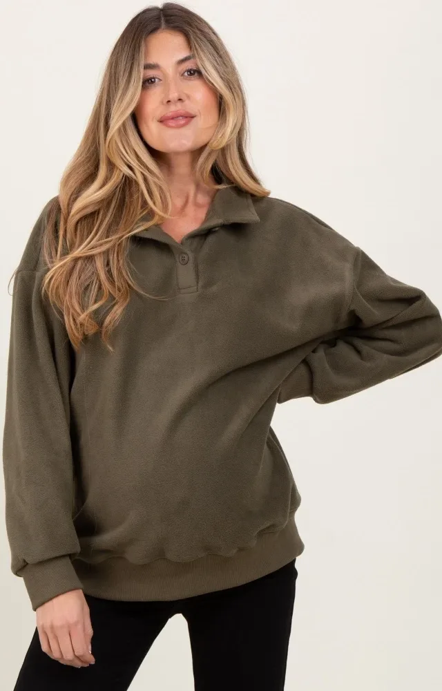 Olive Fleece Collared Button Up Maternity Pullover