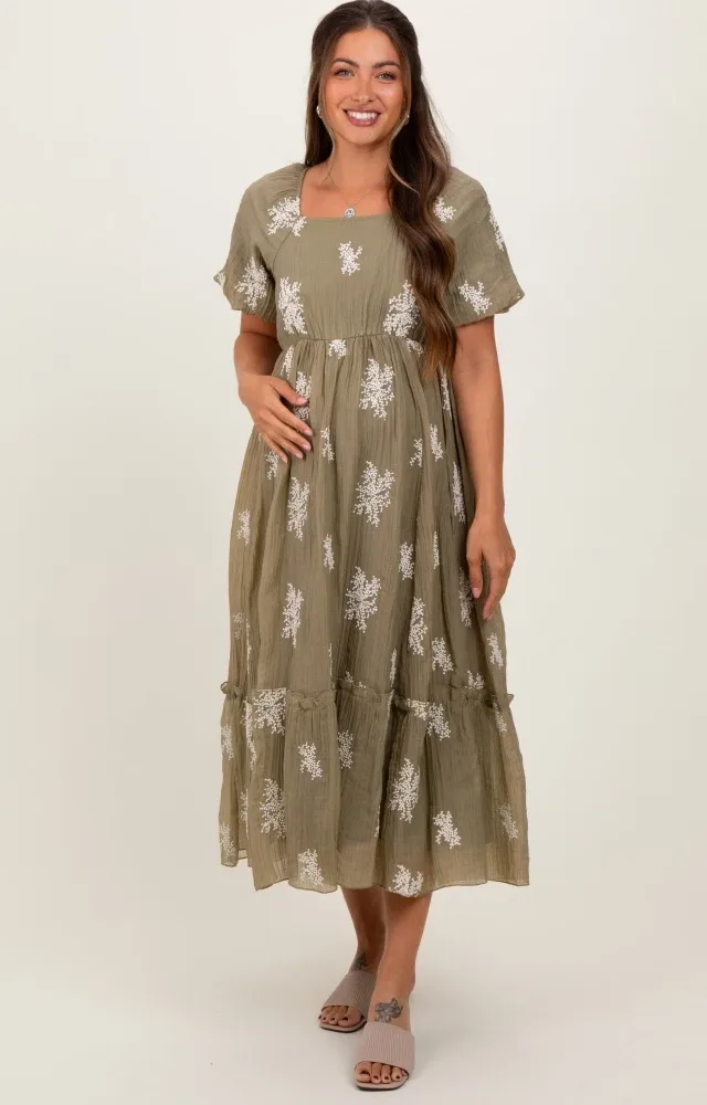 Olive Floral Print Ruffle Hem Maternity Midi Dress