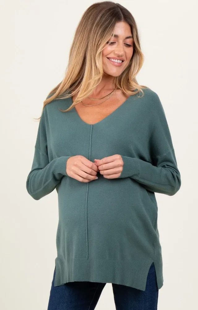 Olive Front Seam V-Neck Side Slit Maternity Sweater