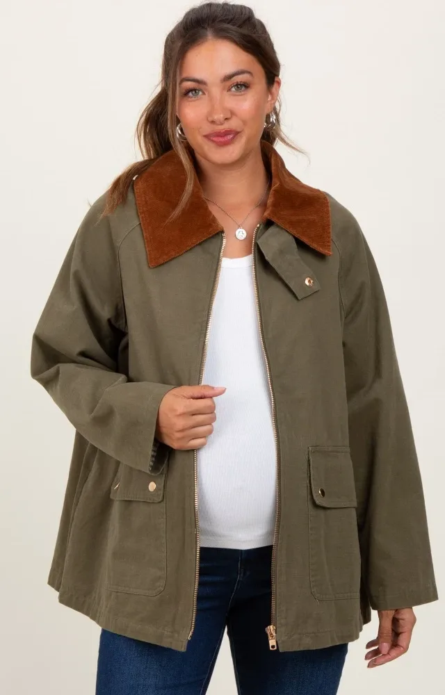 Olive Gingham Lined Maternity Zipper Jacket