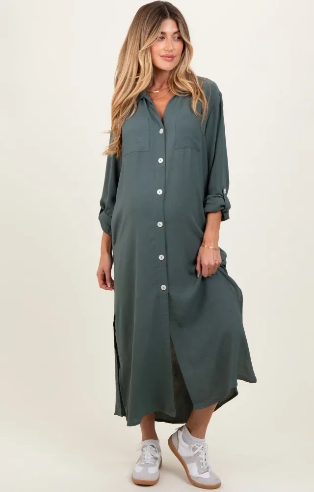 Olive Long Sleeve Button Down Maternity Maxi Dress