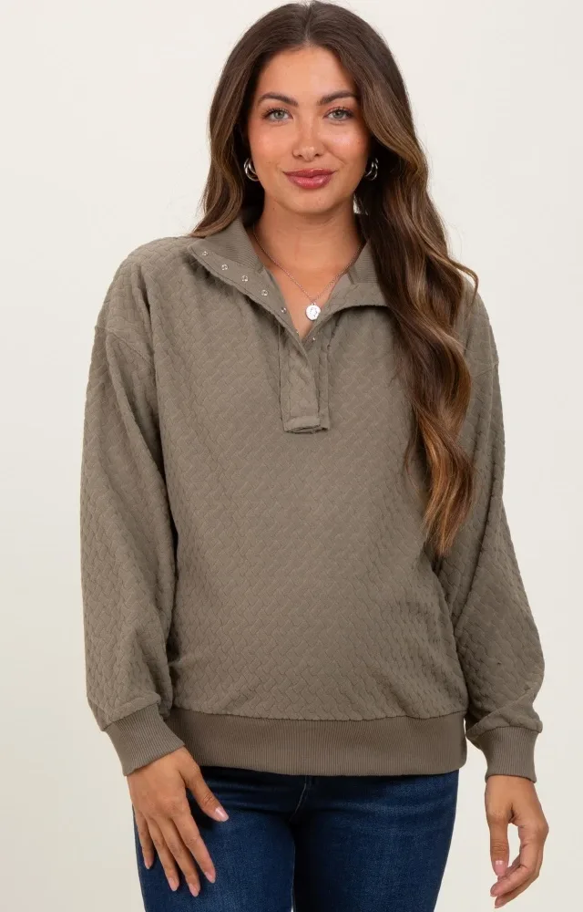 Olive Quilted Knit Snap Collar Maternity Pullover Top