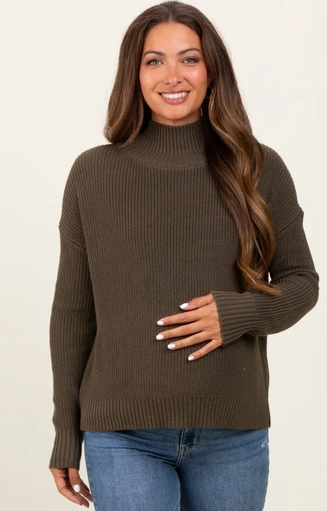 Olive Relaxed Mock Neck Maternity Sweater