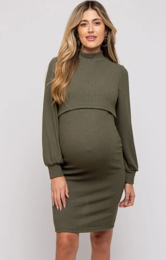 Olive Rib Knit Mock Neck Maternity Dress