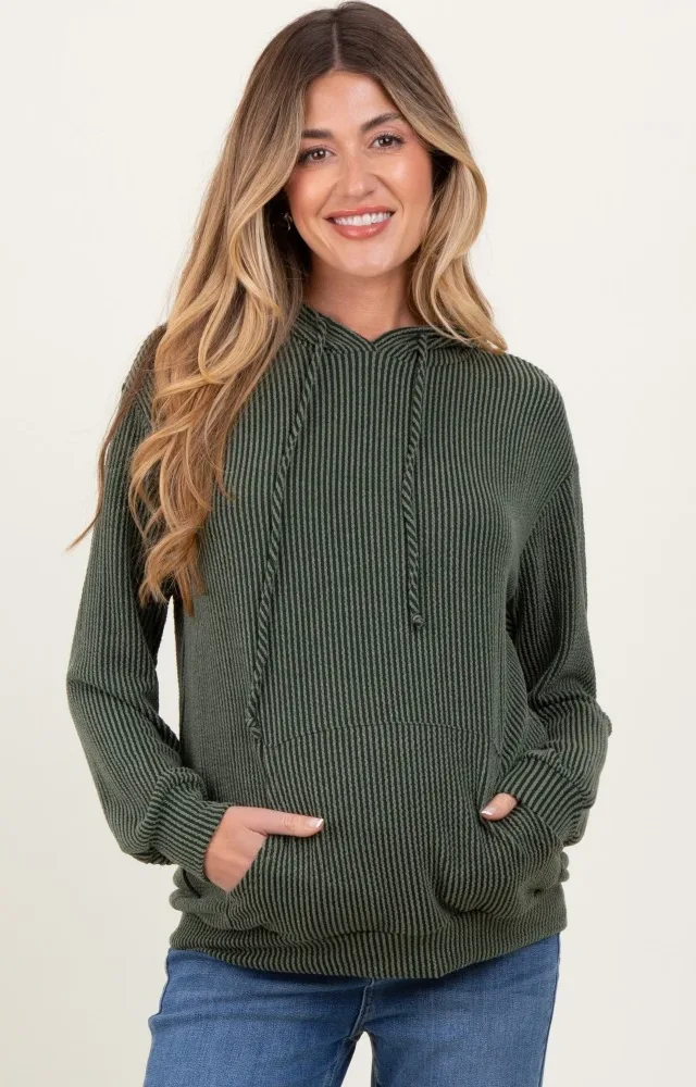 Olive Ribbed Basic Drawstring Maternity Hoodie