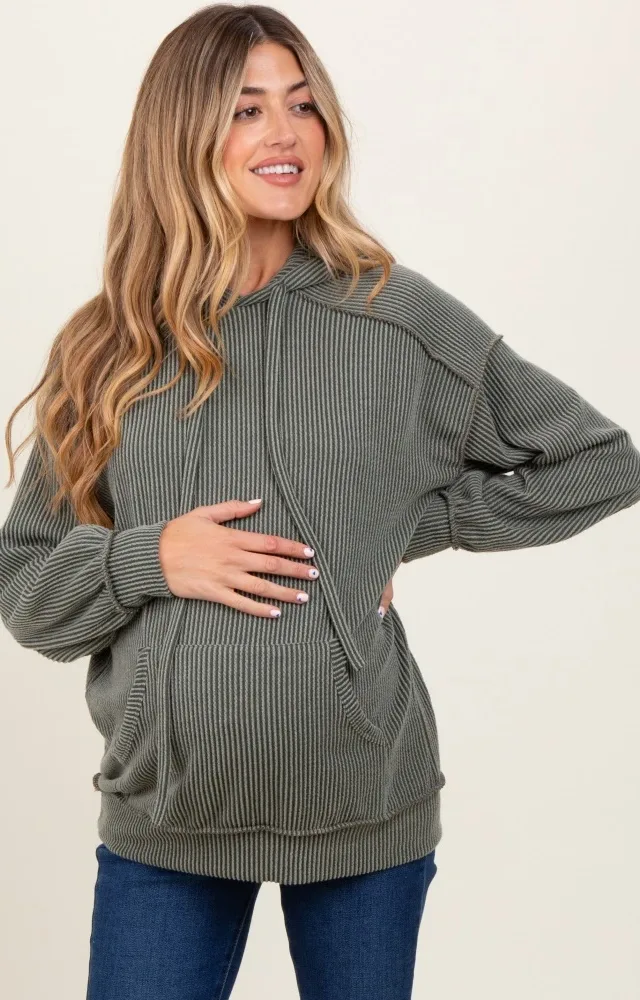 Olive Ribbed Front Pocket Maternity Drawstring Hoodie