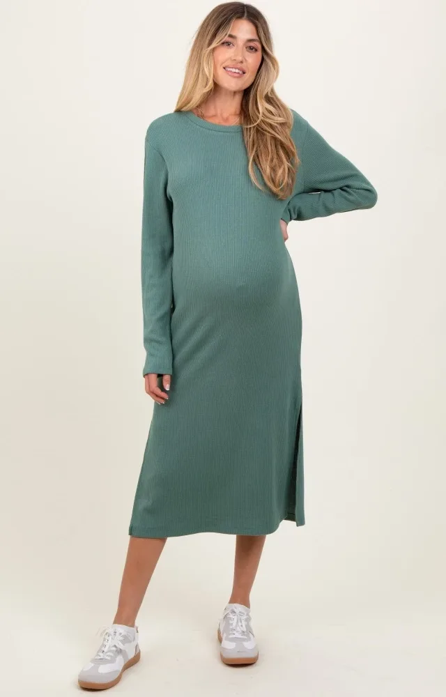 Olive Ribbed Knit Long Sleeve Side Slit Maternity Midi Dress