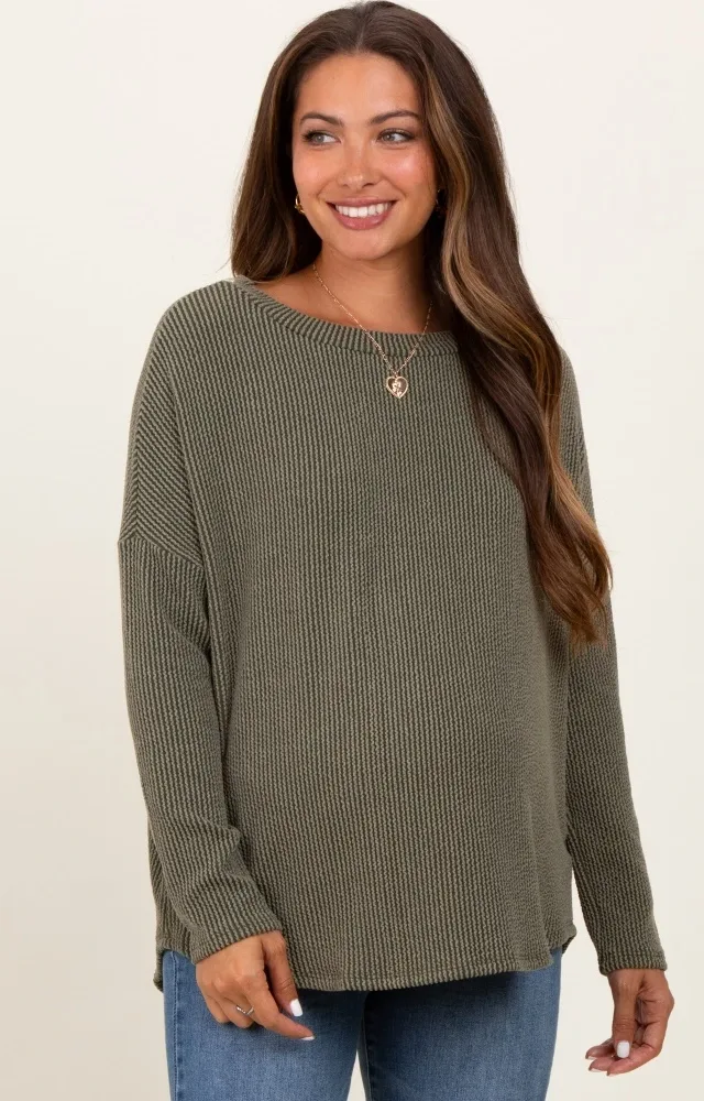 Olive Ribbed Knit Relaxed Fit Round Hem Maternity Top