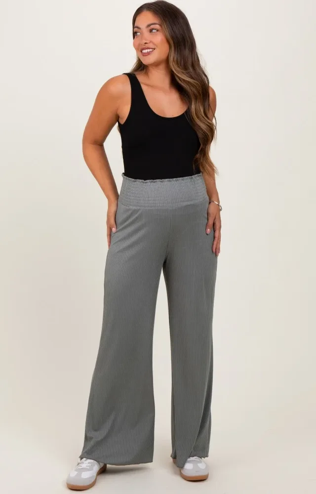 Olive Ribbed Smocked Waistband Wide Leg Maternity Pants