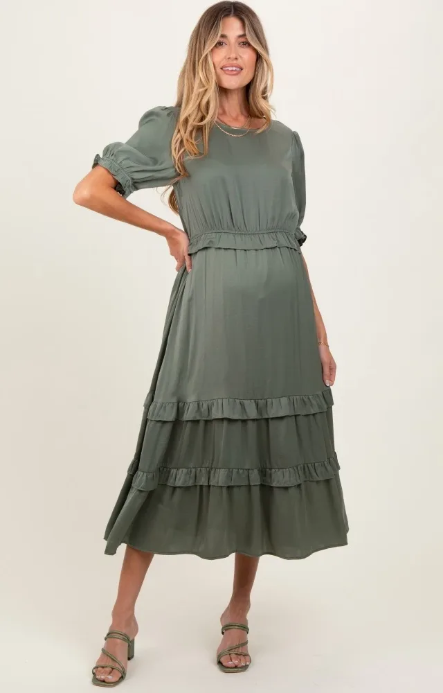 Olive Satin Ruffle Trim Maternity Midi Dress