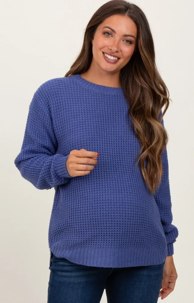 Periwinkle Waffle Knit Rounded Hem Maternity Sweater