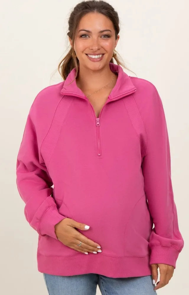 Pink Half Zip Contrast Rib Sweatshirt Maternity Top