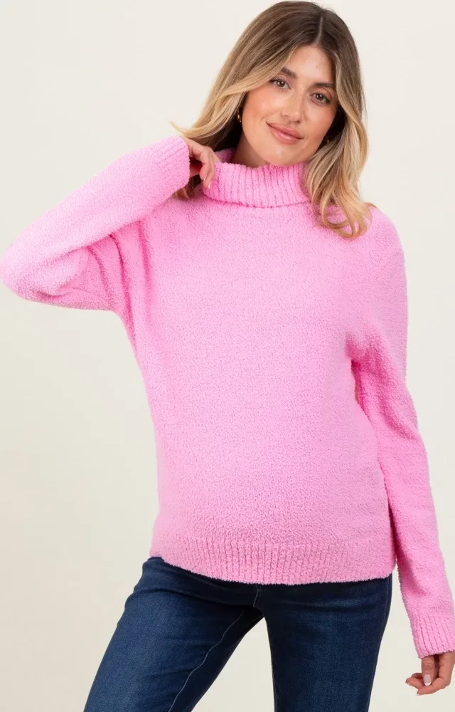 Pink Turtleneck Chenille Knit Maternity Sweater