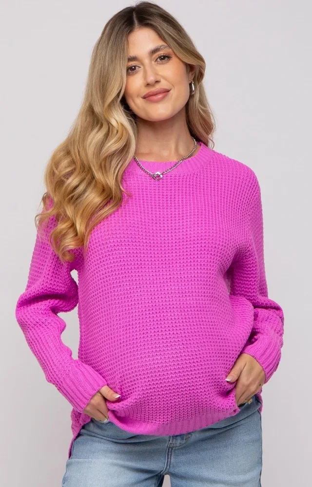 Pink Waffle Knit Round Hem Maternity Sweater