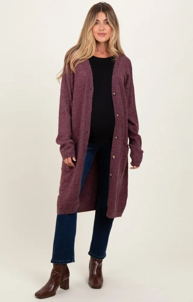 Plum Button Down V-Neck Long Maternity Cardigan