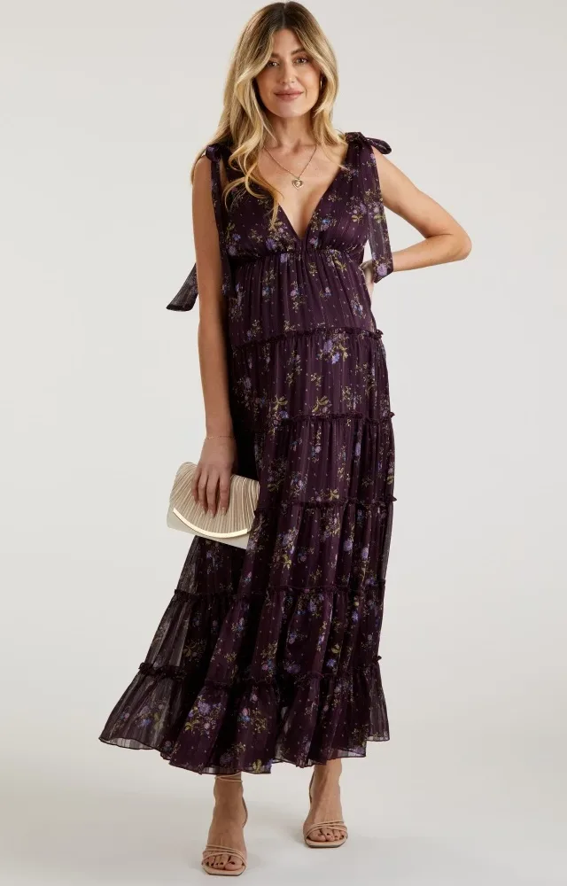 Plum Floral Tiered Shoulder Tie Maternity Maxi Dress