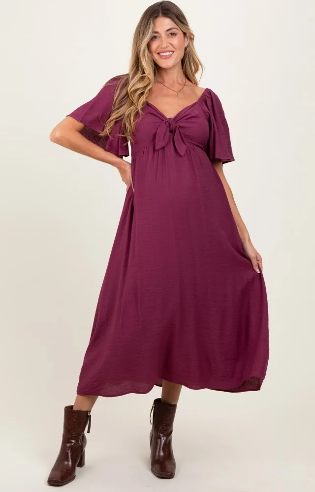 Plum Front Tie Ruffle Sleeve Maternity Midi Dress