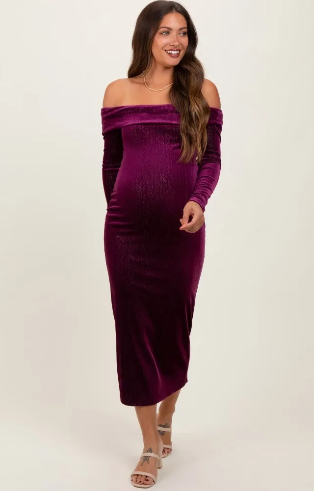 Plum Shiny Velour Off Shoulder Maternity Midi Dress