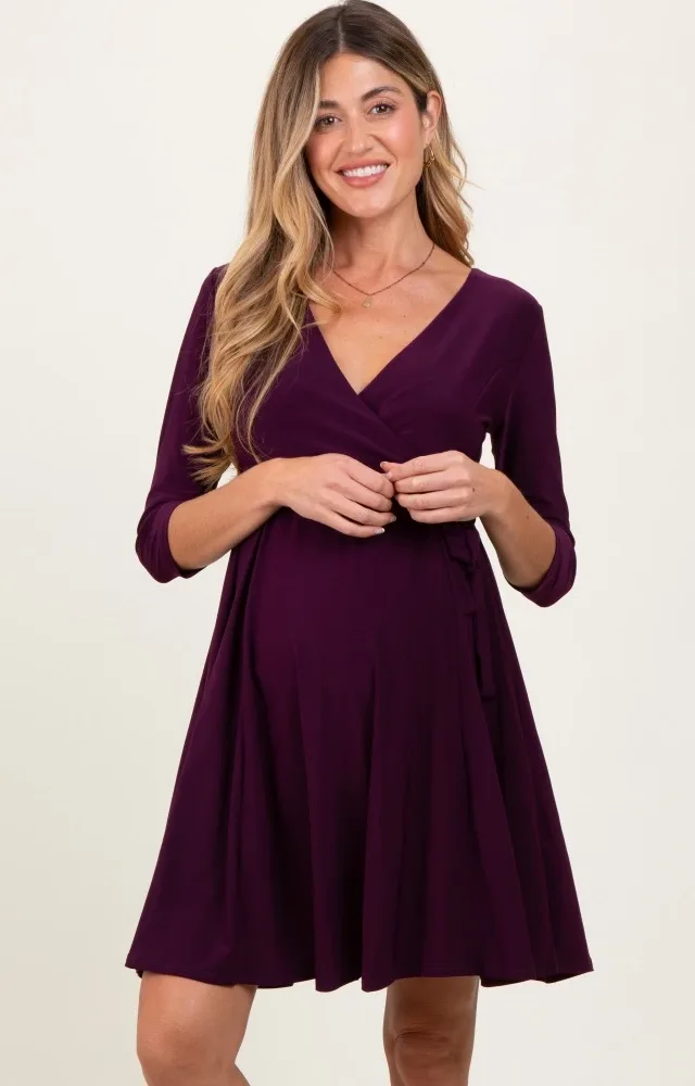 Purple 3/4 Sleeve Maternity/Nursing Sash Tie Wrap Dress