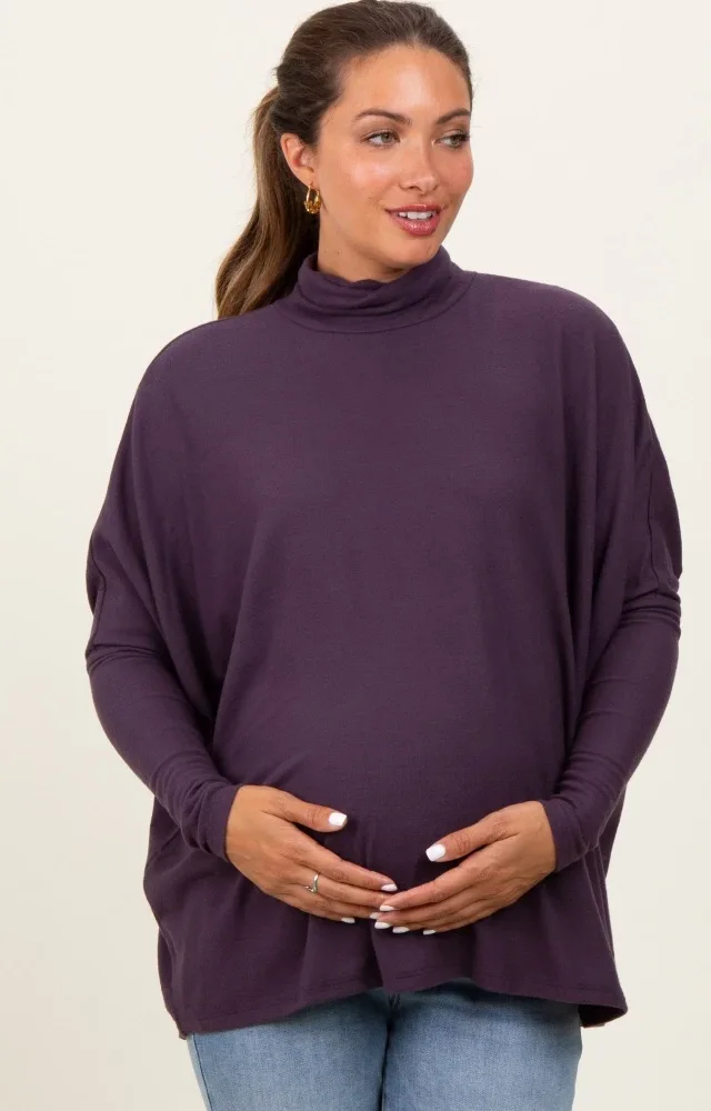 Purple Brushed Knit Turtleneck Dolman Sleeve Maternity Top