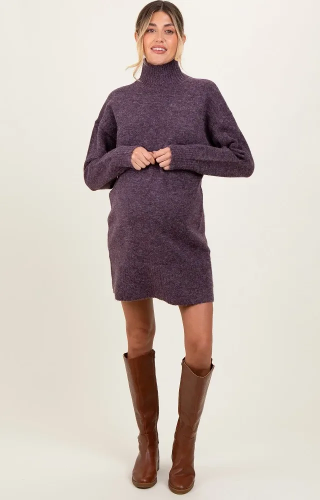 Purple Chunky Knit Turtleneck Maternity Mini Sweater Dress