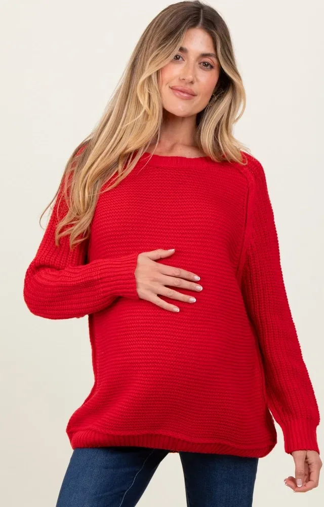 Red Basic Chunky Knit Maternity Sweater