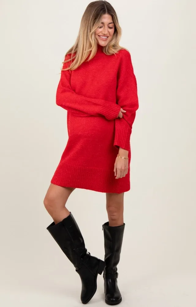 Red Chunky Knit Turtleneck Maternity Mini Sweater Dress