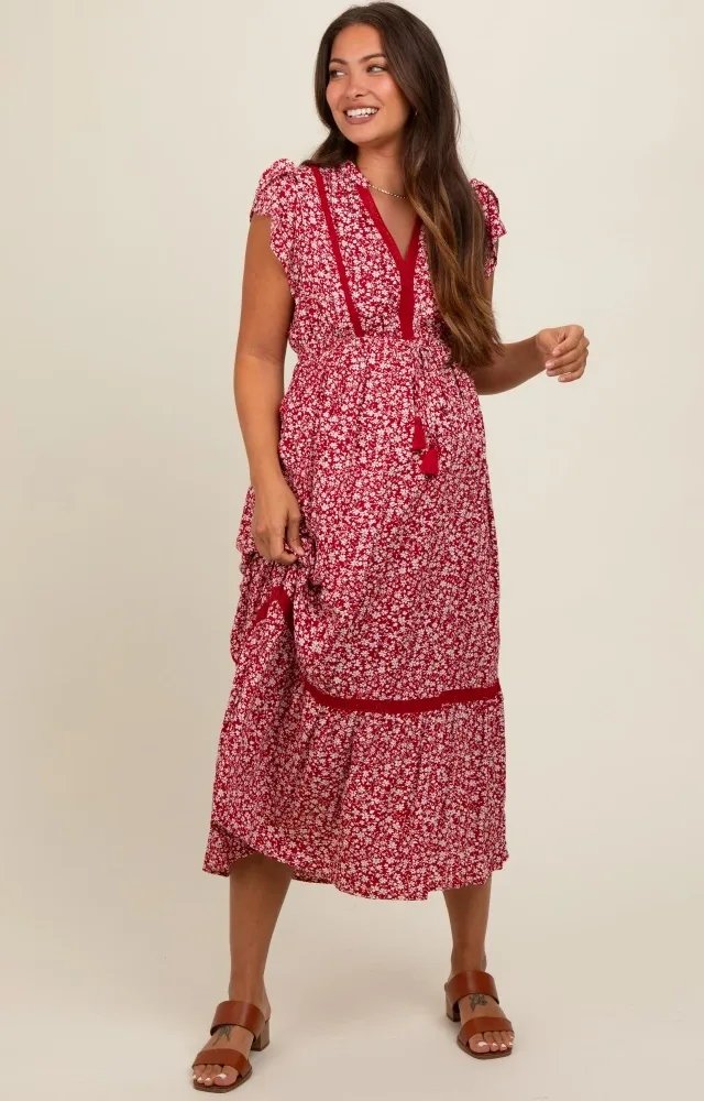 Red Floral Lace Trim Maternity Midi Dress