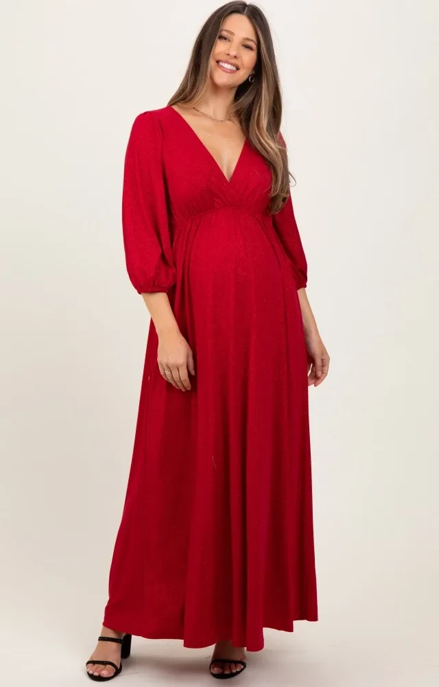 Red Glitter V-Neck Maternity Maxi Dress