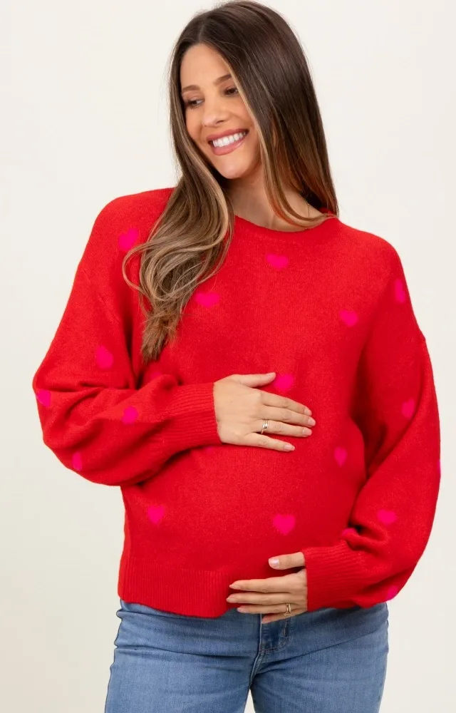 Red Heart Print Oversized Maternity Sweater