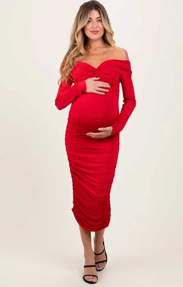 Red Off Shoulder Ruched Long Sleeve Maternity Midi Dress