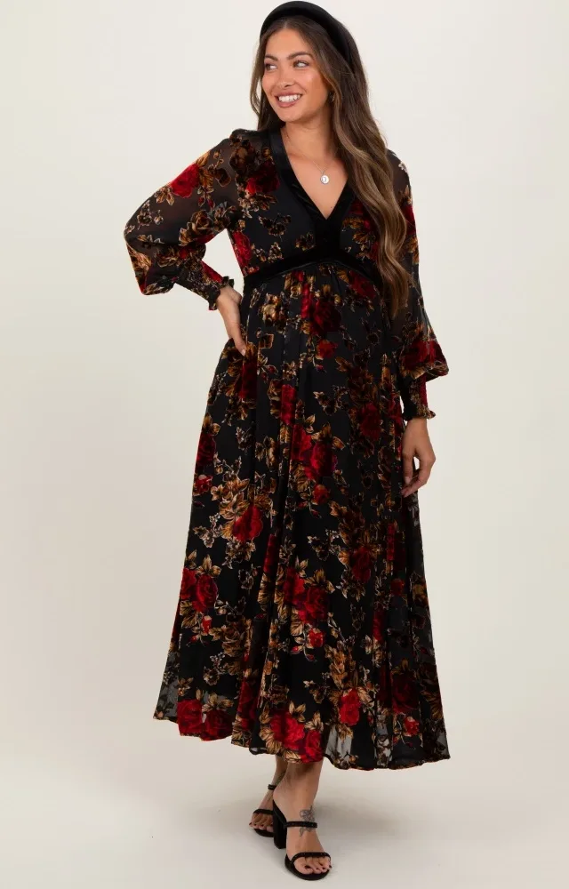 Red Rose Print Velvet Mesh Overlay Maternity Maxi Dress