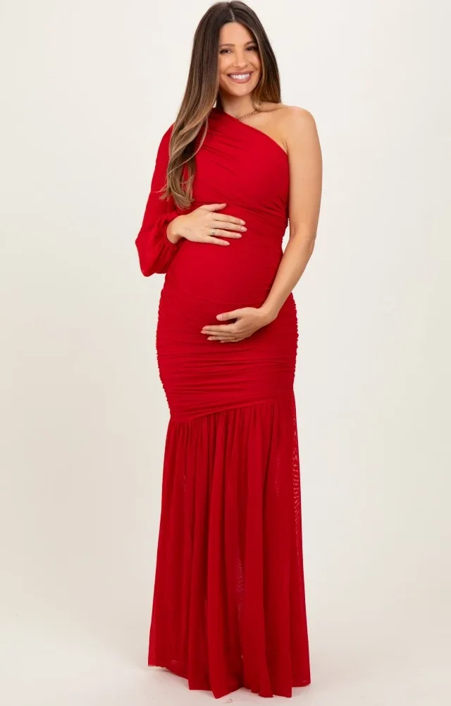 Red Ruched Mesh One Shoulder Asymmetric Maternity Maxi Dress