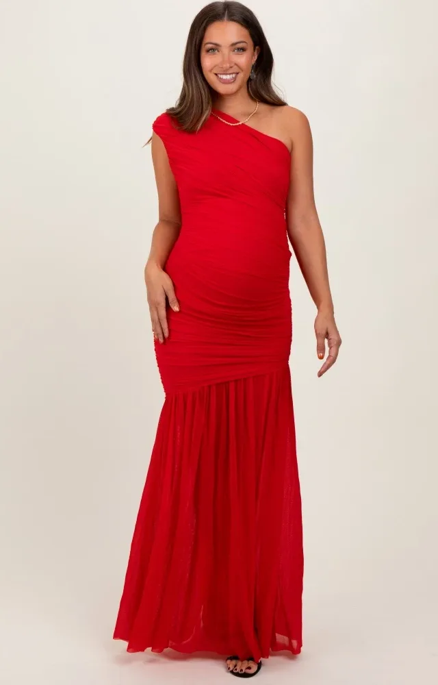 Red Ruched Mesh One Shoulder Maternity Maxi Dress