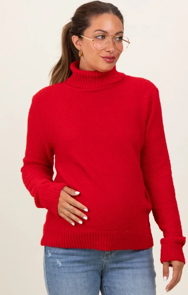 Red Turtleneck Chenille Knit Maternity Sweater