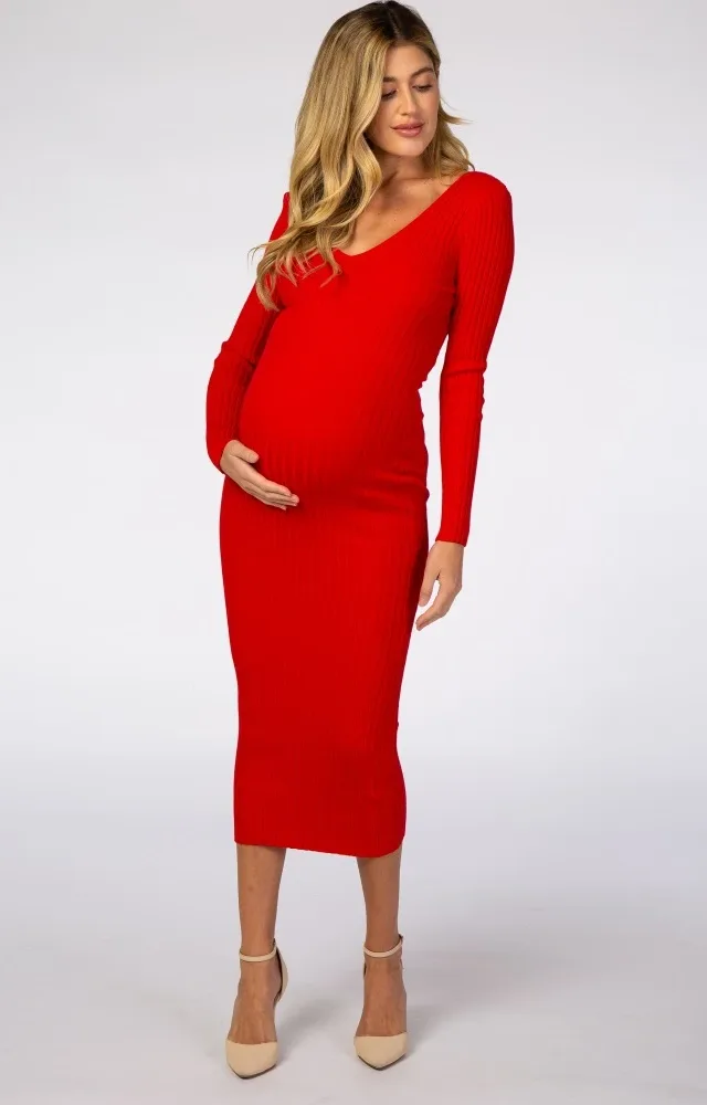 Red V-Neck Fitted Maternity Maxi Dress